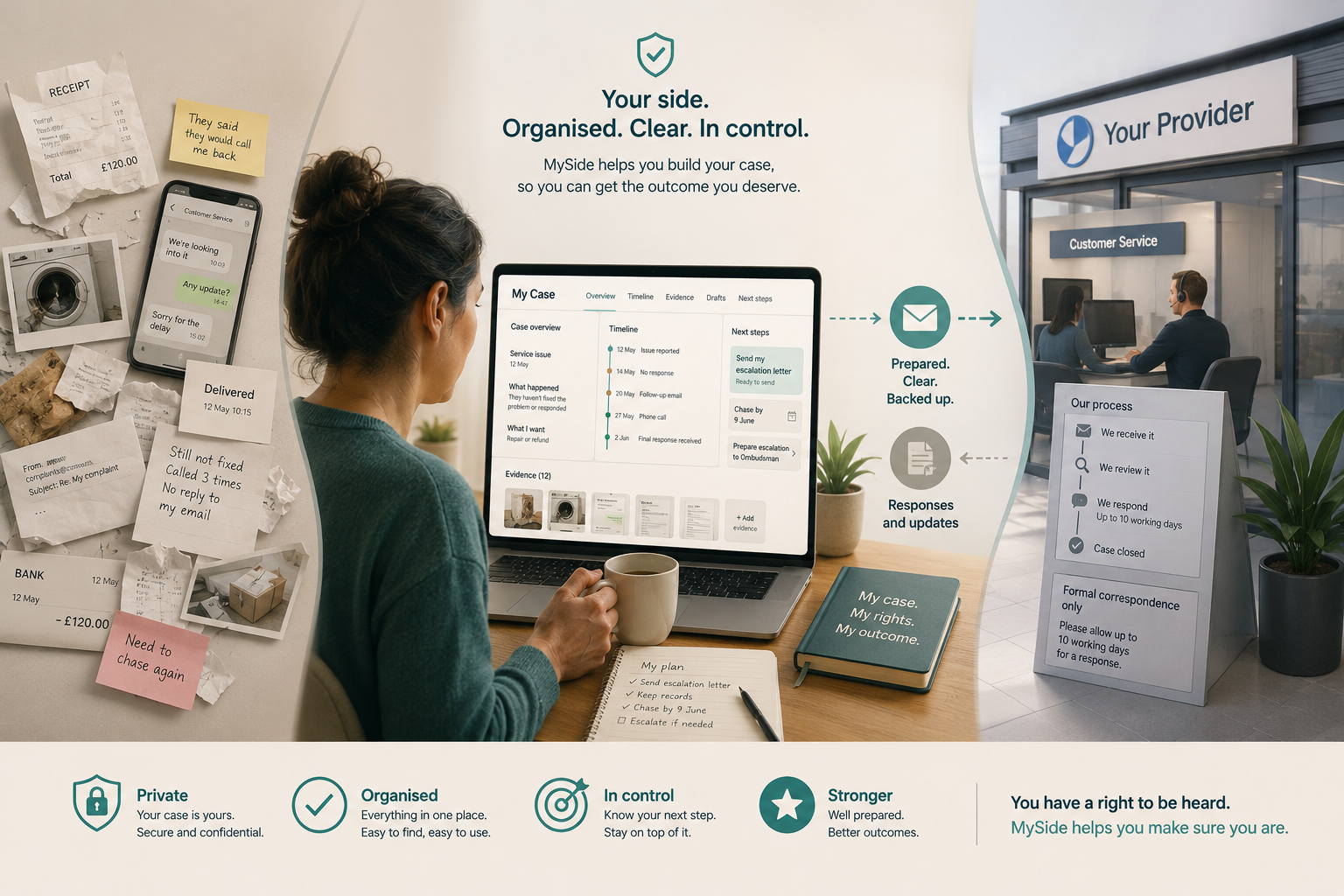 MySide helps organise scattered evidence, messages and deadlines into a clear case.